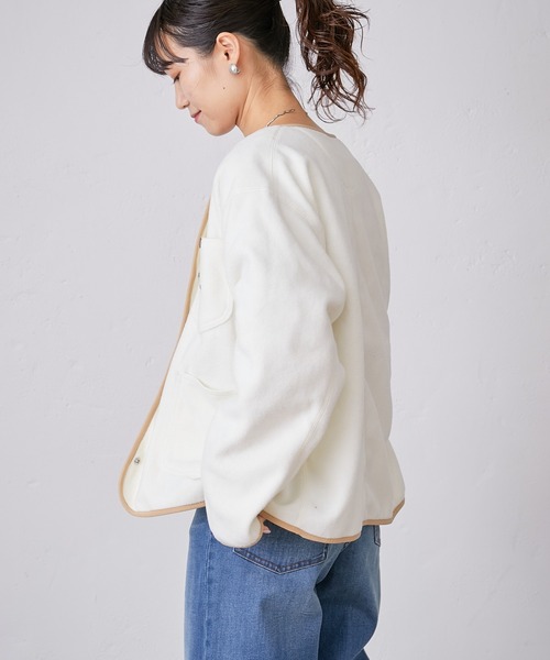 Lee（リー）の「【Lee/リー】別注ノーカラーフリースジャケット（ノーカラージャケット・レディース・オフホワイト/パープル/ブラック・ONE SIZE）」の7枚目の写真