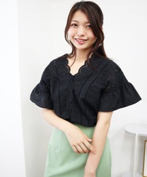 Brownie | Brownie Vネックレース切替袖フリルブラウス(シャツ/ブラウス)