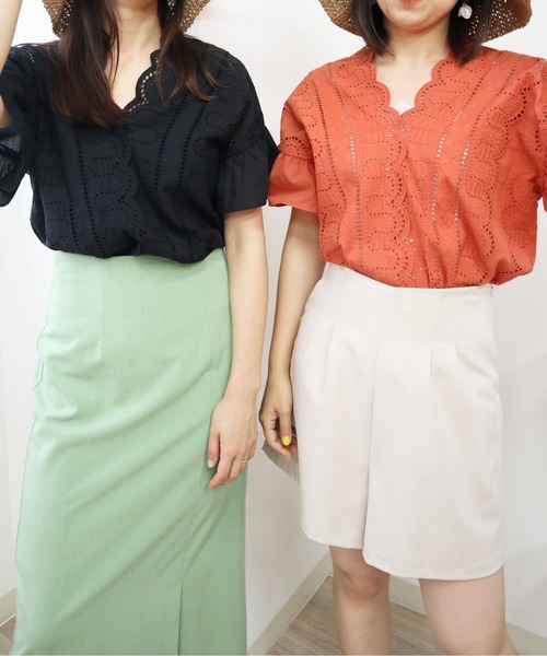 Brownie（ブラウニー）の「Brownie Vネックレース切替袖フリルブラウス（シャツ/ブラウス・レディース・ホワイト/ブラック/オレンジ・FREE）」の20枚目の写真