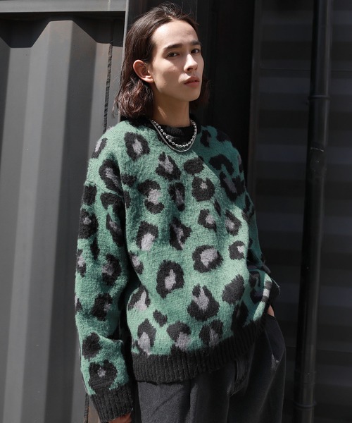 MSG（エムエスジー）の「Buyer's Select/モヘアライクビッグシルエットクルーニット ボーダー レオパード（ニット/セーター・メンズ・グリーン系/パープル/グリーン/グレー系/ブルー系/ベージュ系/ブルー/ネイビー/ブラック/イエロー系/ロイヤルブルー・M/L）」の5枚目の写真