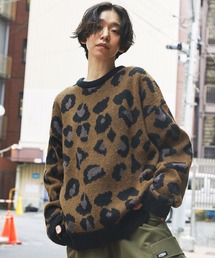 Buyer's Select/モヘアライクビッグシルエットクルーニット ボーダー レオパード