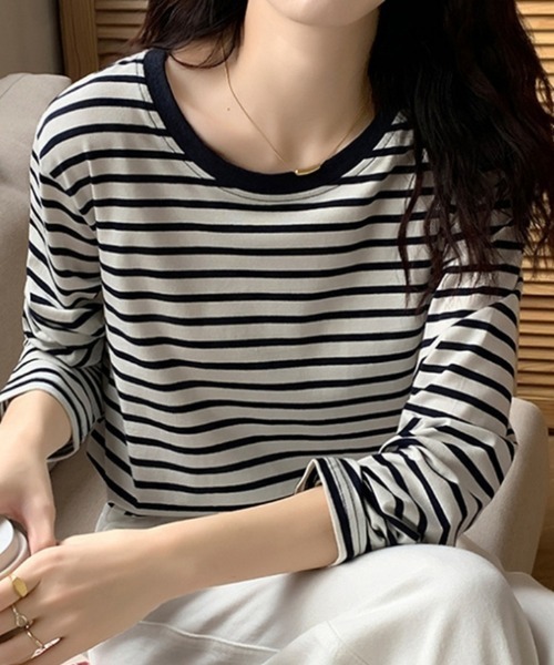 Ritzy(リッツィー)の「ボーダークルーネックリンガーロンT(Tシャツ/カットソー・レディース・ライトグリーン/レッド/グリーン/ネイビー・M/L)」の3枚目の写真