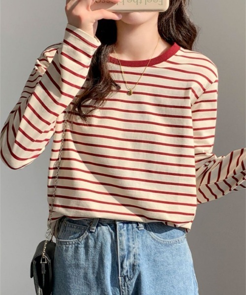 Ritzy(リッツィー)の「ボーダークルーネックリンガーロンT(Tシャツ/カットソー・レディース・ライトグリーン/レッド/グリーン/ネイビー・M/L)」の4枚目の写真