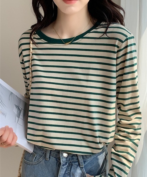 Ritzy(リッツィー)の「ボーダークルーネックリンガーロンT(Tシャツ/カットソー・レディース・ライトグリーン/レッド/グリーン/ネイビー・M/L)」の1枚目の写真