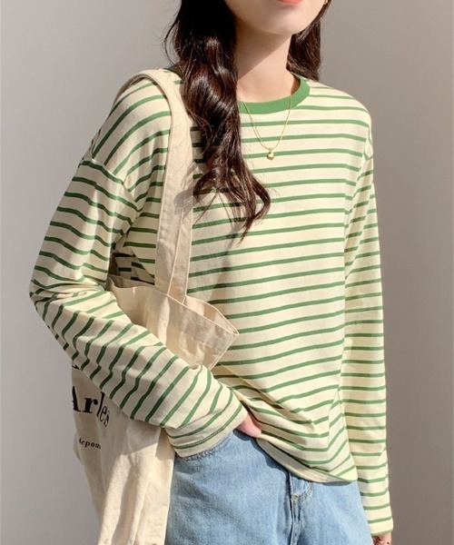 Ritzy(リッツィー)の「ボーダークルーネックリンガーロンT(Tシャツ/カットソー・レディース・ライトグリーン/レッド/グリーン/ネイビー・M/L)」の2枚目の写真