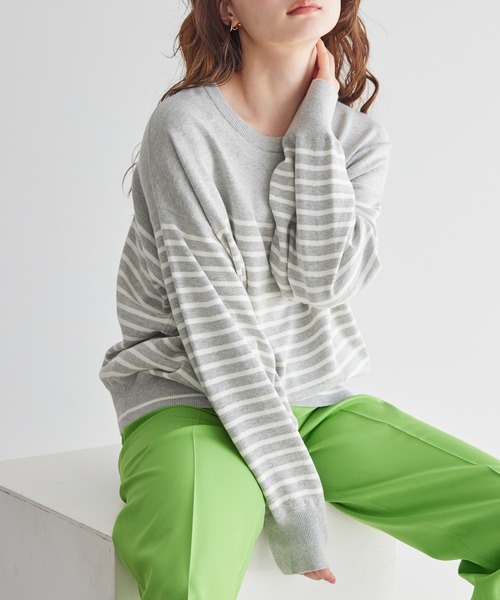 AMERICAN HOLIC（アメリカンホリック）の「袖ボリュームボーダーニットプルオーバー（ニット/セーター・レディース・グリーン系その他/イエロー系その他/レッド系その他/グレー系その他4/ブルー系その他2・L/M）」の2枚目の写真