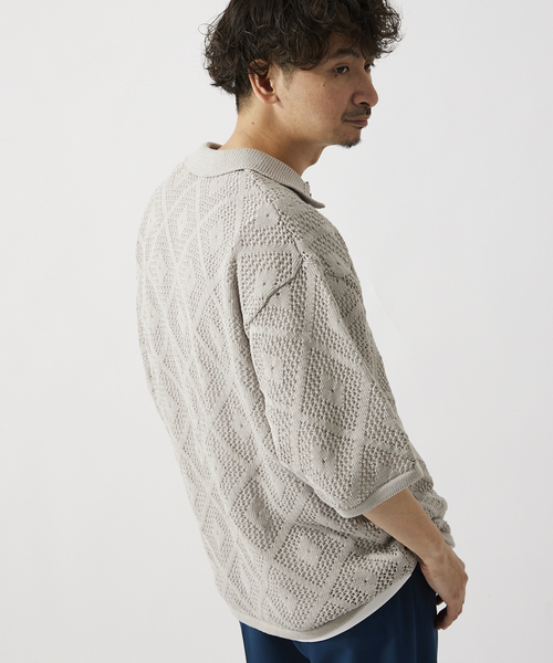 JOURNAL STANDARD relume（ジャーナルスタンダード　レリューム）の「ダイヤメッシュ 半袖ニットシャツ（シャツ/ブラウス・メンズ・ブラック/ラスタ/アイボリー・LARGE/MEDIUM）」の9枚目の写真