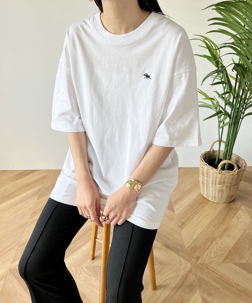 POLOCHAMPS（ポロチャンプス）の「【POLOCHAMPS/ポロチャンプス】 別注 オーバーサイズ ワンポイント刺繍 クルーネック半袖Tシャツ（Tシャツ/カットソー・レディース・ネイビー/ベージュ/ホワイト/ブラック/ダークグリーン・L/XL/M）」の13枚目の写真