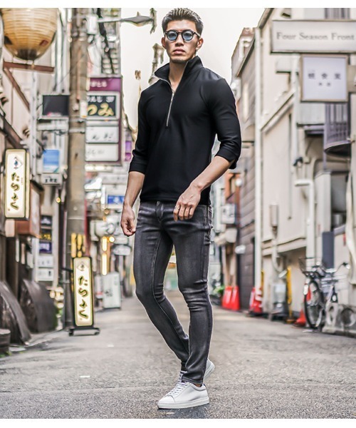 服22 JOKER】ふくれ細ストライプ7分袖ハーフジップポロシャツ メンズ