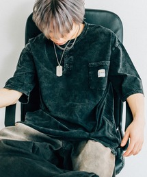 DEVICE | ヘンリーネック 半袖 Tシャツ ロゴ刺繍 ヴィンテージライク ピグメント加工 ビッグシルエット ポケット 古着風(Tシャツ/カットソー)