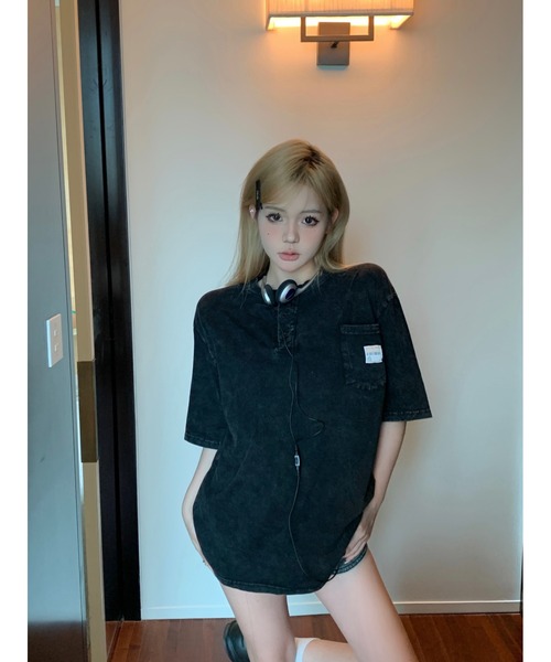 DEVICE(デバイス)の「ヘンリーネック 半袖 Tシャツ ロゴ刺繍 ヴィンテージライク ピグメント加工 ビッグシルエット ポケット 古着風(Tシャツ/カットソー・メンズ・ブラック・FREE)」の22枚目の写真