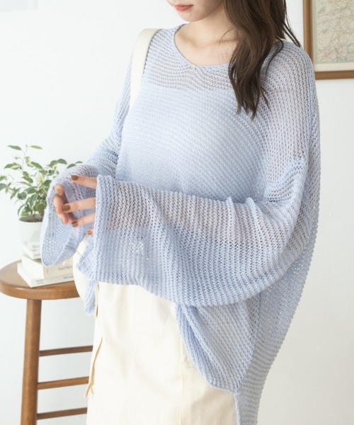 Ada.(エイダ)の「袖丈ふんわり メッシュ Vネック ゆる ローゲージ サマーニット(ニット/セーター・レディース・ネイビー/ホワイト/ライトブルー・FREE)」の2枚目の写真