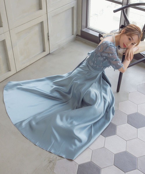 ボリュームスリーブ Aライン結婚式パーティードレス38（M） チャコールグレー ドレス モノトーン バイカラー スクエアネック ボリューム
