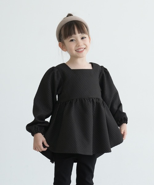 coca（coca）（コカ）の「キッズ　格子変わり織りスクエアネックブラウス（シャツ/ブラウス・キッズ・ホワイト/ブラック・110/120/130/140）」の2枚目の写真