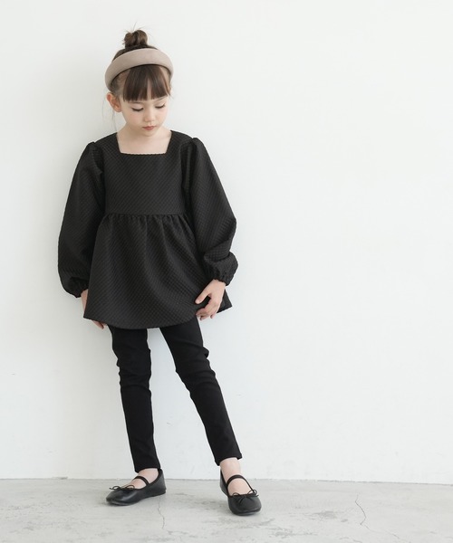 coca（coca）（コカ）の「キッズ　格子変わり織りスクエアネックブラウス（シャツ/ブラウス・キッズ・ホワイト/ブラック・110/120/130/140）」の3枚目の写真