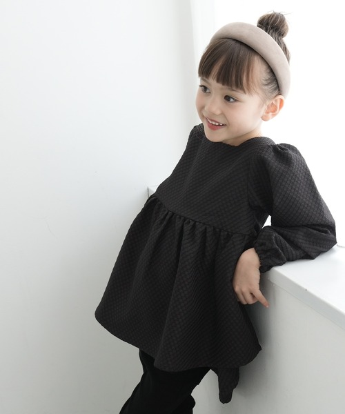 coca（coca）（コカ）の「キッズ　格子変わり織りスクエアネックブラウス（シャツ/ブラウス・キッズ・ホワイト/ブラック・110/120/130/140）」の4枚目の写真