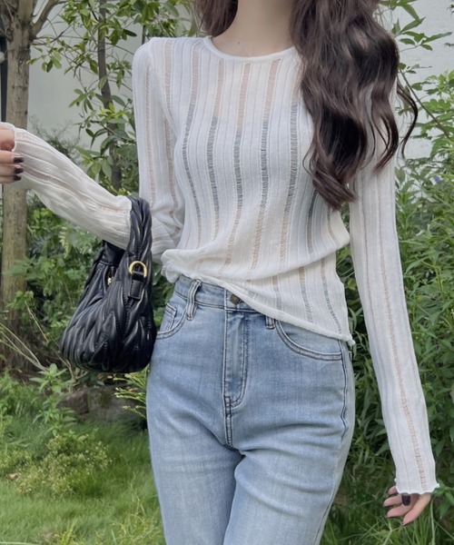 FREE STYLISTS(フリー スタイリスト)の「YUGA_YGMC ストライプシアー ミドル丈 トップス(その他トップス・レディース・ブラック/ベージュ/ホワイト・FREE)」の2枚目の写真