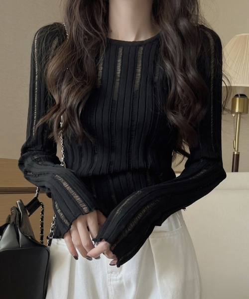 FREE STYLISTS(フリー スタイリスト)の「YUGA_YGMC ストライプシアー ミドル丈 トップス(その他トップス・レディース・ブラック/ベージュ/ホワイト・FREE)」の1枚目の写真