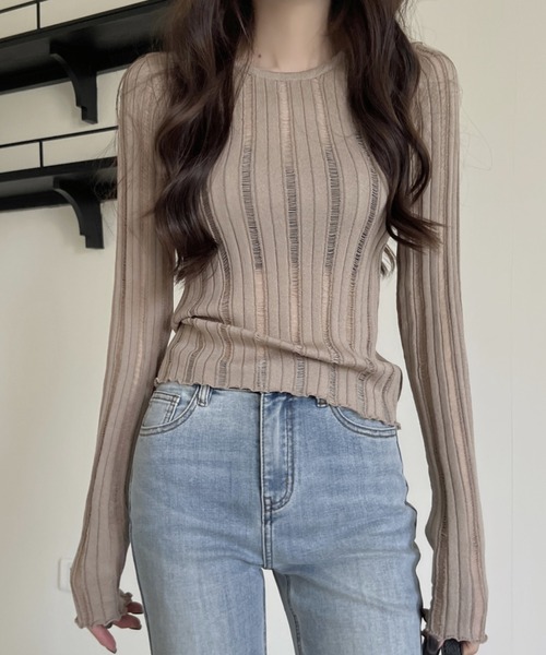 FREE STYLISTS(フリー スタイリスト)の「YUGA_YGMC ストライプシアー ミドル丈 トップス(その他トップス・レディース・ブラック/ベージュ/ホワイト・FREE)」の6枚目の写真
