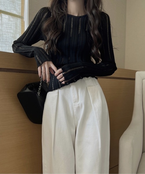 FREE STYLISTS(フリー スタイリスト)の「YUGA_YGMC ストライプシアー ミドル丈 トップス(その他トップス・レディース・ブラック/ベージュ/ホワイト・FREE)」の9枚目の写真