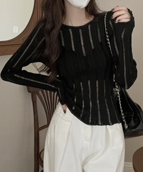 FREE STYLISTS(フリー スタイリスト)の「YUGA_YGMC ストライプシアー ミドル丈 トップス(その他トップス・レディース・ブラック/ベージュ/ホワイト・FREE)」の8枚目の写真