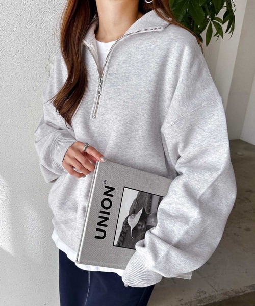 andme（アンドミー）の「裏起毛ハーフジップ長袖スウェットプルオーバー（スウェット・レディース・アイボリー/グレー/チャコールグレー/ベージュ/オートミール・M）」の5枚目の写真