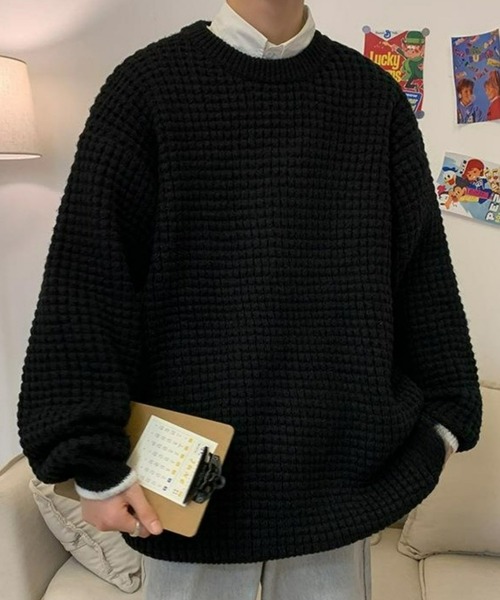 Anchor Smith（アンカー スミス）の「ビッグシルエット配色ワッフルニット（ニット/セーター・メンズ・アイボリー/ブラウン系/ブラック・M/L/XL）」の20枚目の写真
