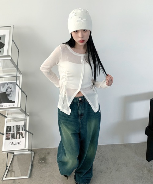 FOLLOWIN（フォロウィン）の「[インナー着用必須！][レイヤードルック] シースルーフロントスリットシャーリングストリングニットロングティー（ニット/セーター・レディース・ホワイト/ブラック・FREE）」の11枚目の写真