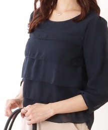 シフォン ティアード 7分袖 クルーネック ブラウス
