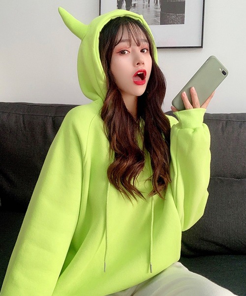 セール】デビル フードデザイン ツノ付き スウェット パーカー/プル