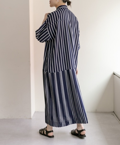 ear PAPILLONNER（イアパピヨネ）の「《手洗い可》七分袖アンダープリーツ柄プリントワンピース【SUM1 STYLE】（シャツワンピース・レディース・ネイビー/ミント/ダークネイビー・FREE）」の6枚目の写真