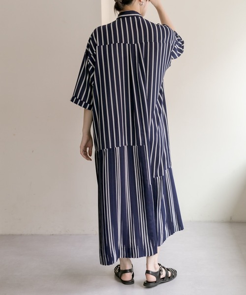 ear PAPILLONNER（イアパピヨネ）の「《手洗い可》七分袖アンダープリーツ柄プリントワンピース【SUM1 STYLE】（シャツワンピース・レディース・ネイビー/ミント/ダークネイビー・FREE）」の7枚目の写真