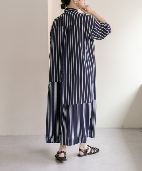 ear PAPILLONNER（イアパピヨネ）の「《手洗い可》七分袖アンダープリーツ柄プリントワンピース【SUM1 STYLE】（シャツワンピース・レディース・ネイビー/ミント/ダークネイビー・FREE）」の8枚目の写真