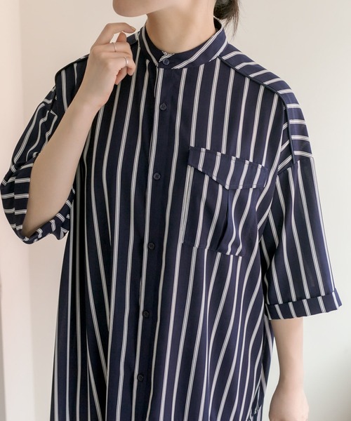 ear PAPILLONNER（イアパピヨネ）の「《手洗い可》七分袖アンダープリーツ柄プリントワンピース【SUM1 STYLE】（シャツワンピース・レディース・ネイビー/ミント/ダークネイビー・FREE）」の9枚目の写真