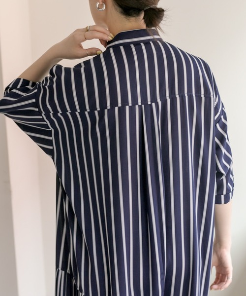 ear PAPILLONNER（イアパピヨネ）の「《手洗い可》七分袖アンダープリーツ柄プリントワンピース【SUM1 STYLE】（シャツワンピース・レディース・ネイビー/ミント/ダークネイビー・FREE）」の13枚目の写真