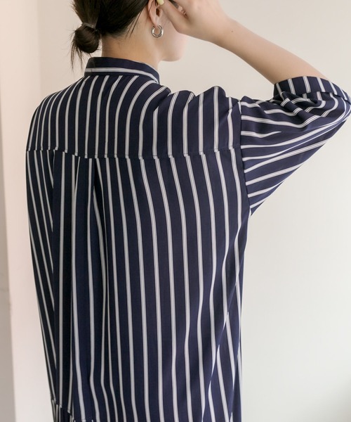 ear PAPILLONNER（イアパピヨネ）の「《手洗い可》七分袖アンダープリーツ柄プリントワンピース【SUM1 STYLE】（シャツワンピース・レディース・ネイビー/ミント/ダークネイビー・FREE）」の14枚目の写真