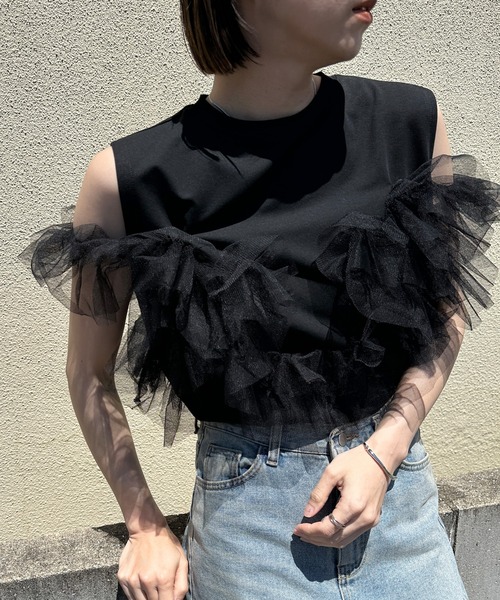 2WAYチュールノースリーブドッキングトップス（Tシャツ