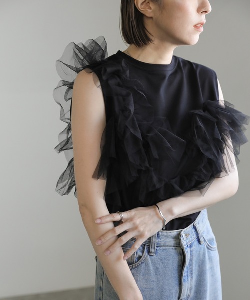 select MOCA（セレクトモカ）の「2WAYチュールノースリーブドッキングトップス（Tシャツ/カットソー・レディース・ブラック/グレー/オフホワイト・FREE）」の12枚目の写真