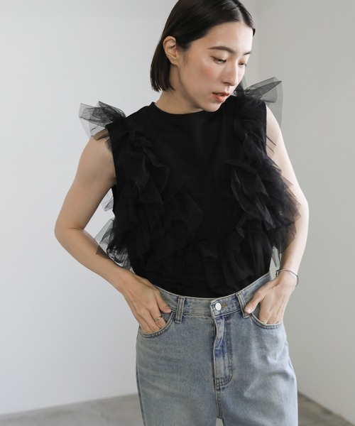 select MOCA（セレクトモカ）の「2WAYチュールノースリーブドッキングトップス（Tシャツ/カットソー・レディース・ブラック/グレー/オフホワイト・FREE）」の14枚目の写真