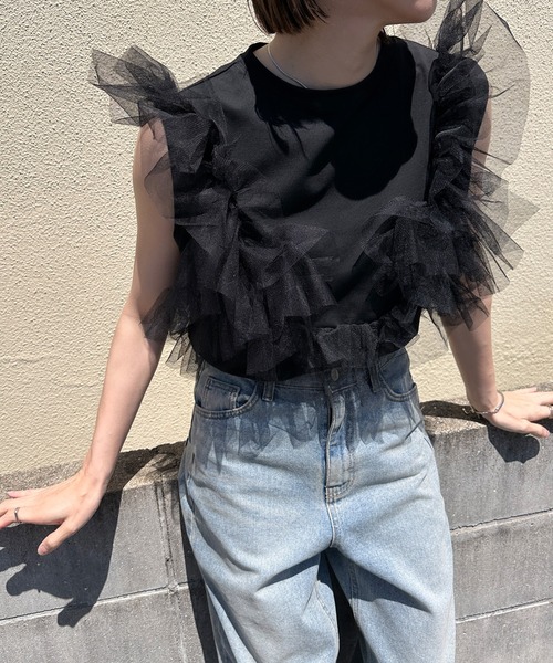 select MOCA（セレクトモカ）の「2WAYチュールノースリーブドッキングトップス（Tシャツ/カットソー・レディース・ブラック/グレー/オフホワイト・FREE）」の7枚目の写真