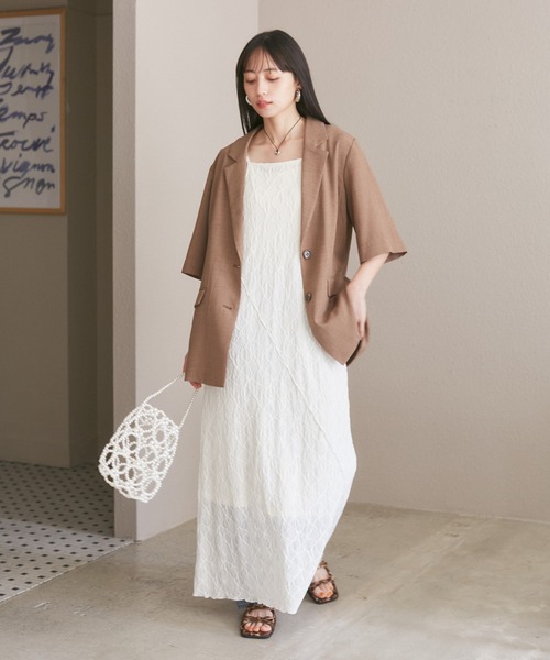 VIS（ビス）の「【接触冷感・洗える】美easyリネンライクハーフスリーブジャケット（テーラードジャケット・レディース・ブラウン系その他2/ネイビー/キナリ・FREE）」の6枚目の写真