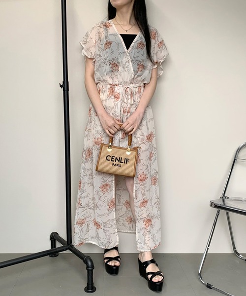 バカンスファッション★CHICLINE★シフォンラップワンピース セール】シフォン柄レイヤードロンパース（ワンピース）｜non