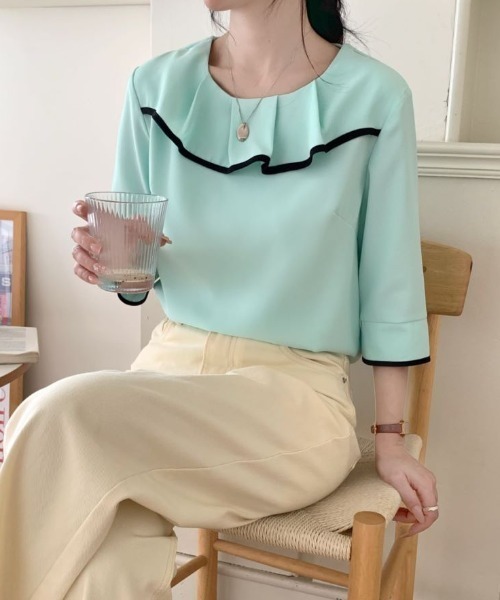 ABITOKYO(アビトーキョー)の「五分袖配色パイピングフリルブラウス(シャツ/ブラウス・レディース・ミント/ブラック/ベージュ・M/L)」の15枚目の写真