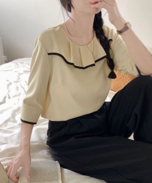 ABITOKYO(アビトーキョー)の「五分袖配色パイピングフリルブラウス(シャツ/ブラウス・レディース・ミント/ブラック/ベージュ・M/L)」の14枚目の写真