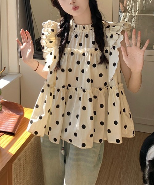 gossip!ロサンゼルス(ゴシップロサンゼルス)の「【Y2Kガーリー】 ドット柄スカラップ肩フリルブラウス(シャツ/ブラウス・レディース・ベージュ・FREE)」の8枚目の写真