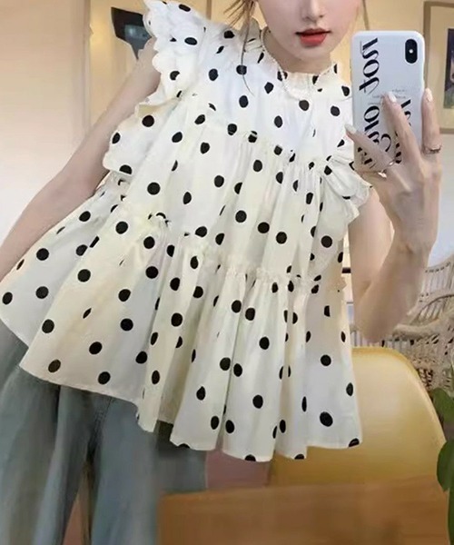 gossip!ロサンゼルス(ゴシップロサンゼルス)の「【Y2Kガーリー】 ドット柄スカラップ肩フリルブラウス(シャツ/ブラウス・レディース・ベージュ・FREE)」の11枚目の写真