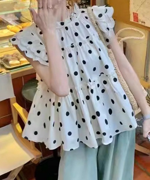 gossip!ロサンゼルス(ゴシップロサンゼルス)の「【Y2Kガーリー】 ドット柄スカラップ肩フリルブラウス(シャツ/ブラウス・レディース・ベージュ・FREE)」の16枚目の写真