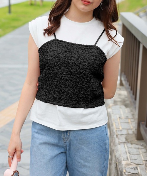Girly Doll(ガーリードール)の「ビスチェキャミ+袖タックデザインTシャツ(Tシャツ/カットソー・レディース・ブルー/グレー/アイボリー/ブラック・F)」の12枚目の写真
