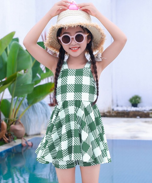 キッズ水着 チェック柄バックリボンワンピ風オールインワンスイム