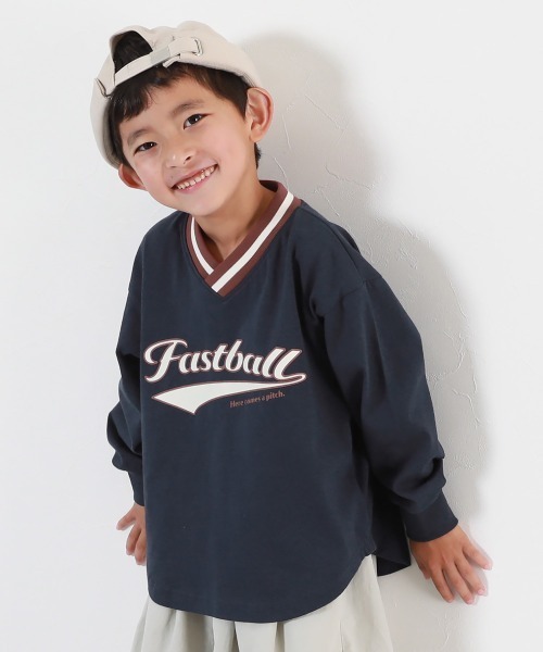 devirock(デビロック)の「綿100% リブライン Vネック プルオーバー(Tシャツ/カットソー・キッズ・ダークネイビー/パープル系/オレンジ系5・100cm/110cm/120cm/130cm/140cm/150cm/160cm)」の1枚目の写真